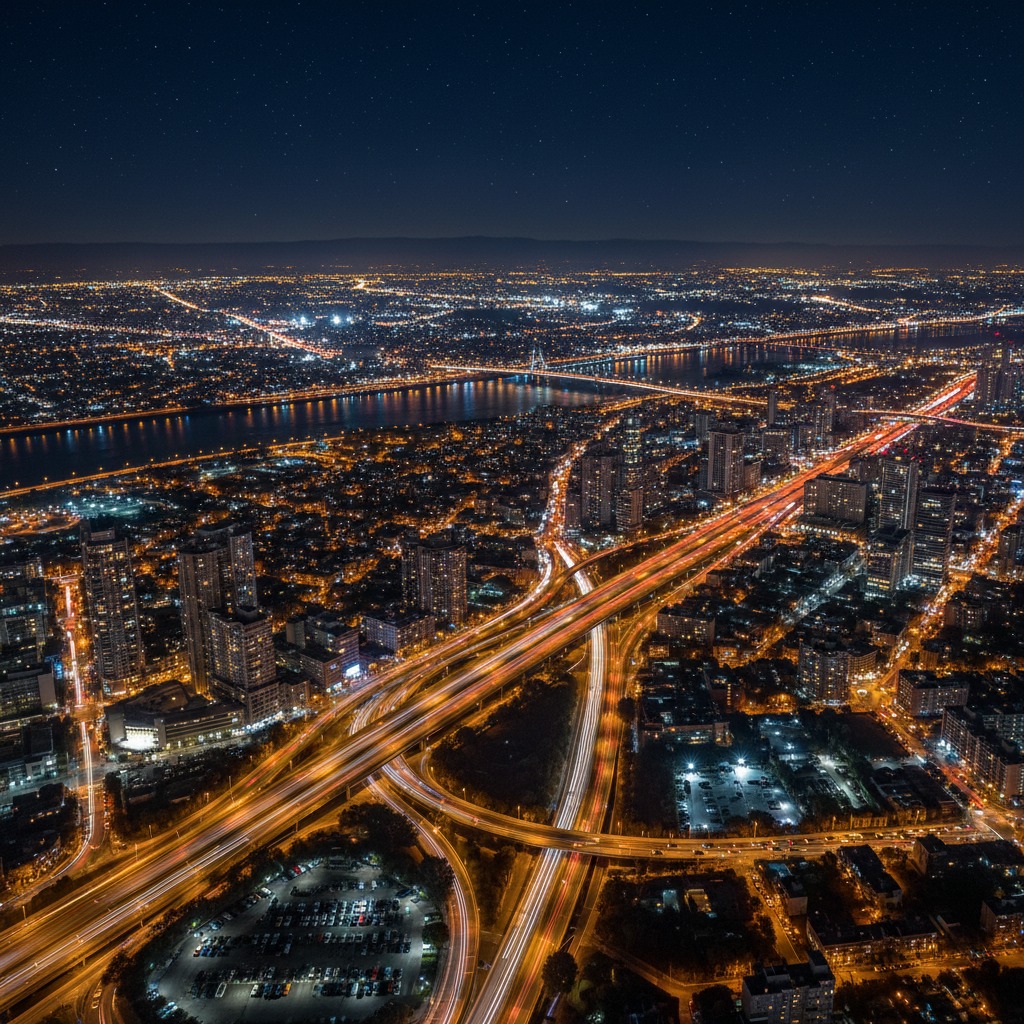 Luftaufnahme einer hell erleuchteten Großstadt bei Nacht mit Autobahnkreuzungen und einem sternenbedeckten Himmel.
